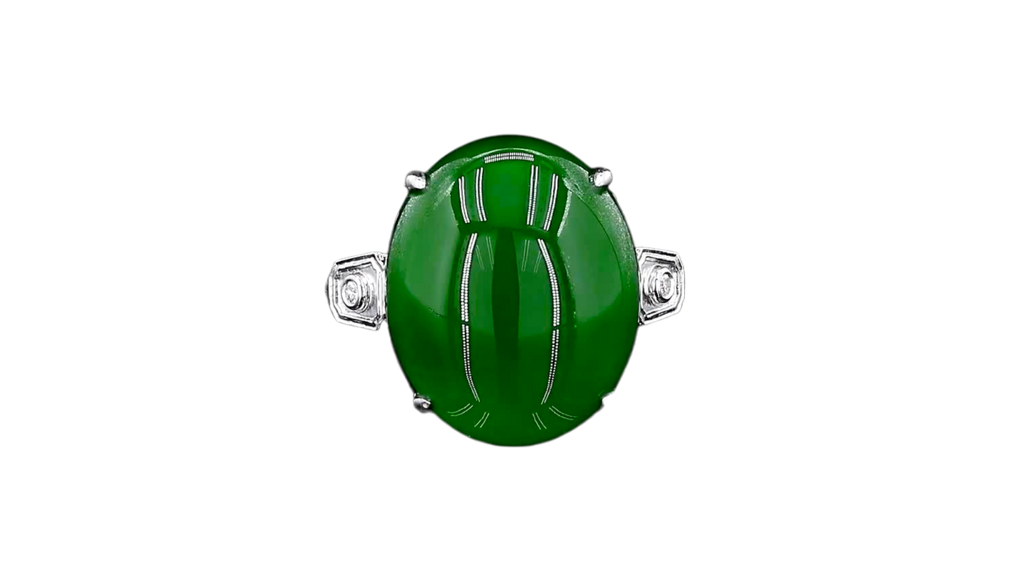 Shibuya MADE IN JAPAN Burmese A Jade Statement Ring, with Natural White Diamonds, and 18K White Gold - HKJSL Certified