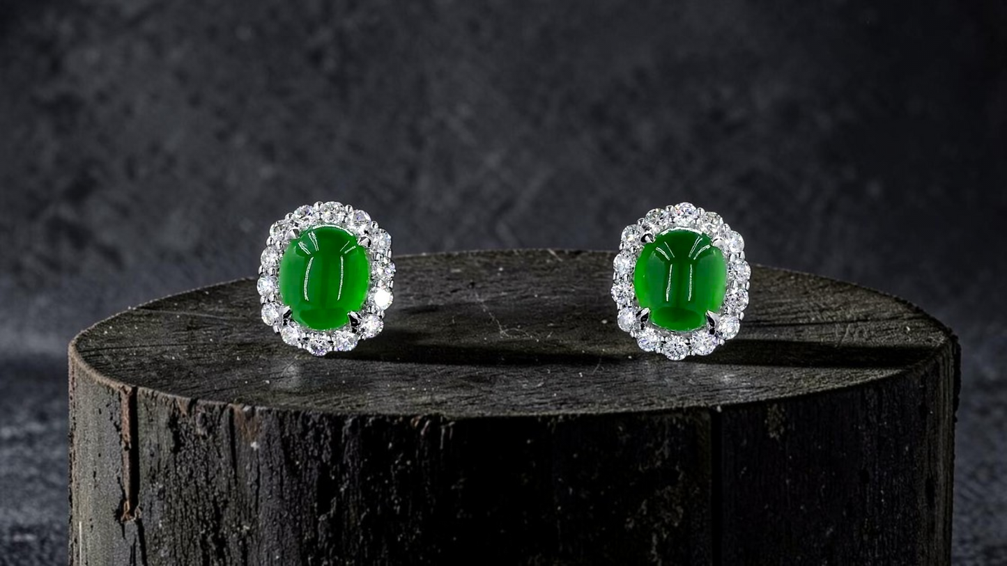 Eternal Sunshine 1.91 cts. Vivid Imperial Green Burmese A-Jade Stud Earrings (with 18K White Gold and White Diamonds) - Certified - V8