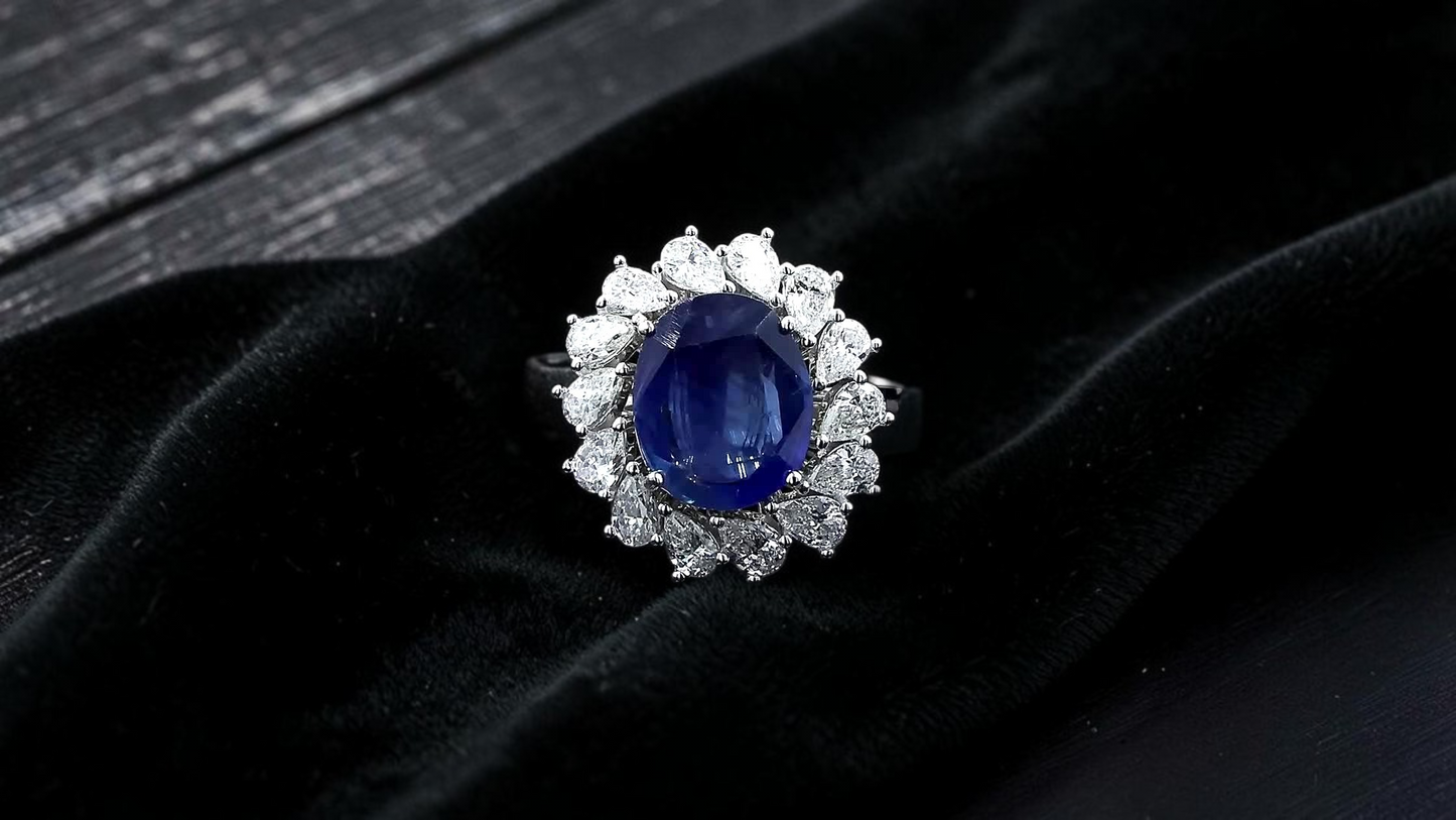 Aomori MADE IN JAPAN Certified Oval Shaped 4.432 cts. No Heat Burmese Natural Deep Blue Sapphire Ring with 18K White Gold and White Diamonds Size US 7 - R29