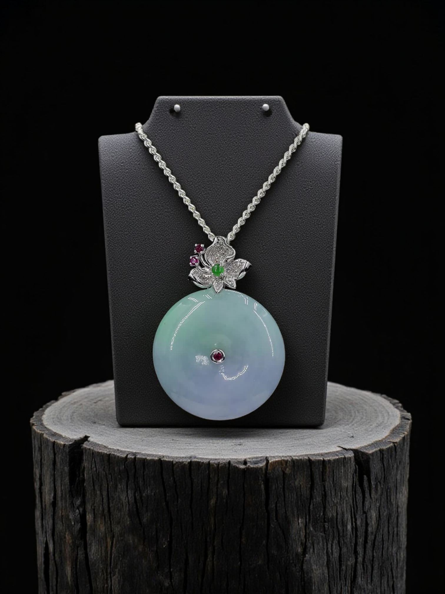 Jito Round Burmese A-Jadeite 24mm Icy Lavender and Green Donut Pendant  (with 18K White Gold) HKJSL Certified