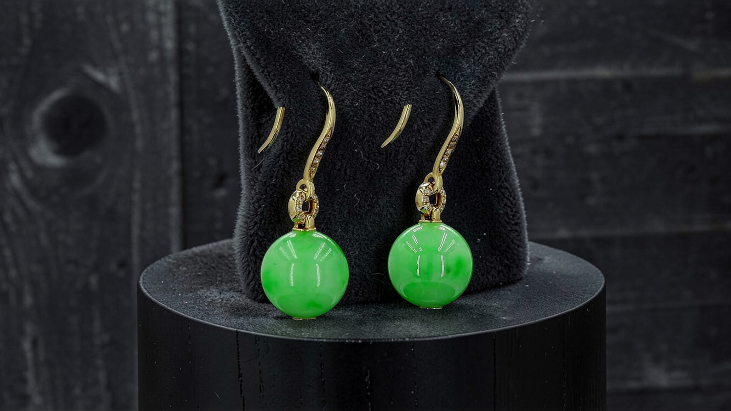 Komaki 10.50 mm Dangling Beads Vivid Green Burmese A-Jade French Hook Earrings (with 18K Yellow Gold and White Diamonds) - Certified