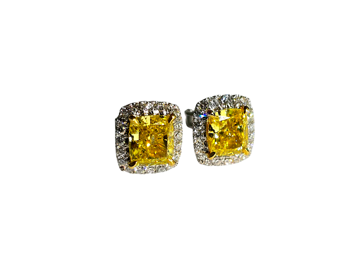 Kami Stud Earrings with 2.44cts Cushion Shape Fancy Vivid Yellow Natural Diamonds, White Diamonds Halo, and 18K White Gold - GIA Certified