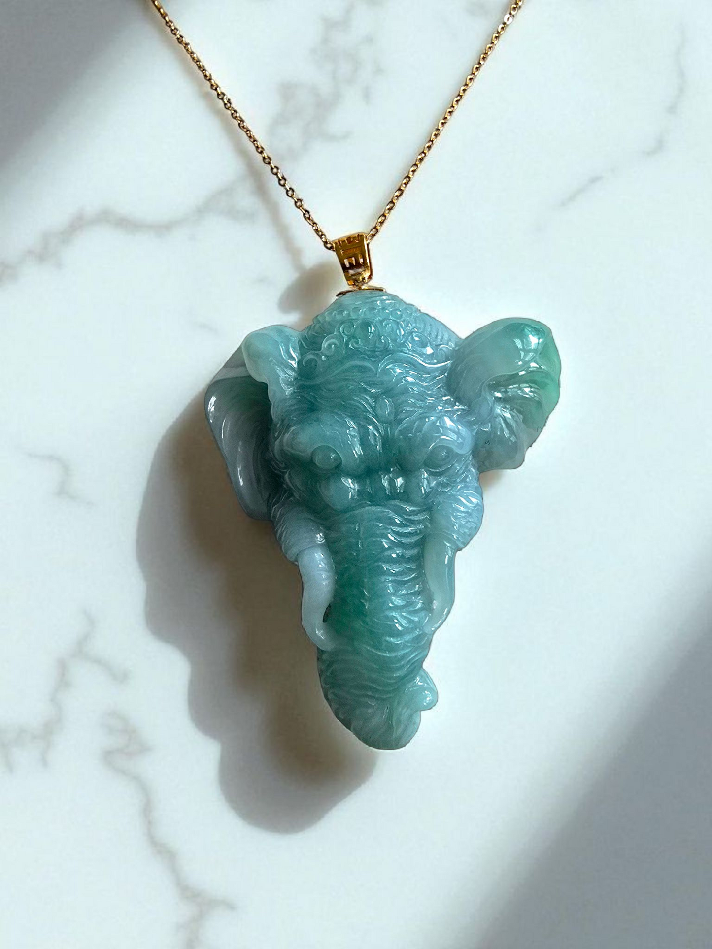 Wise Elephant Head Burmese A-Jadeite Pendant (with 18K Yellow Gold) - HKJSL Certified