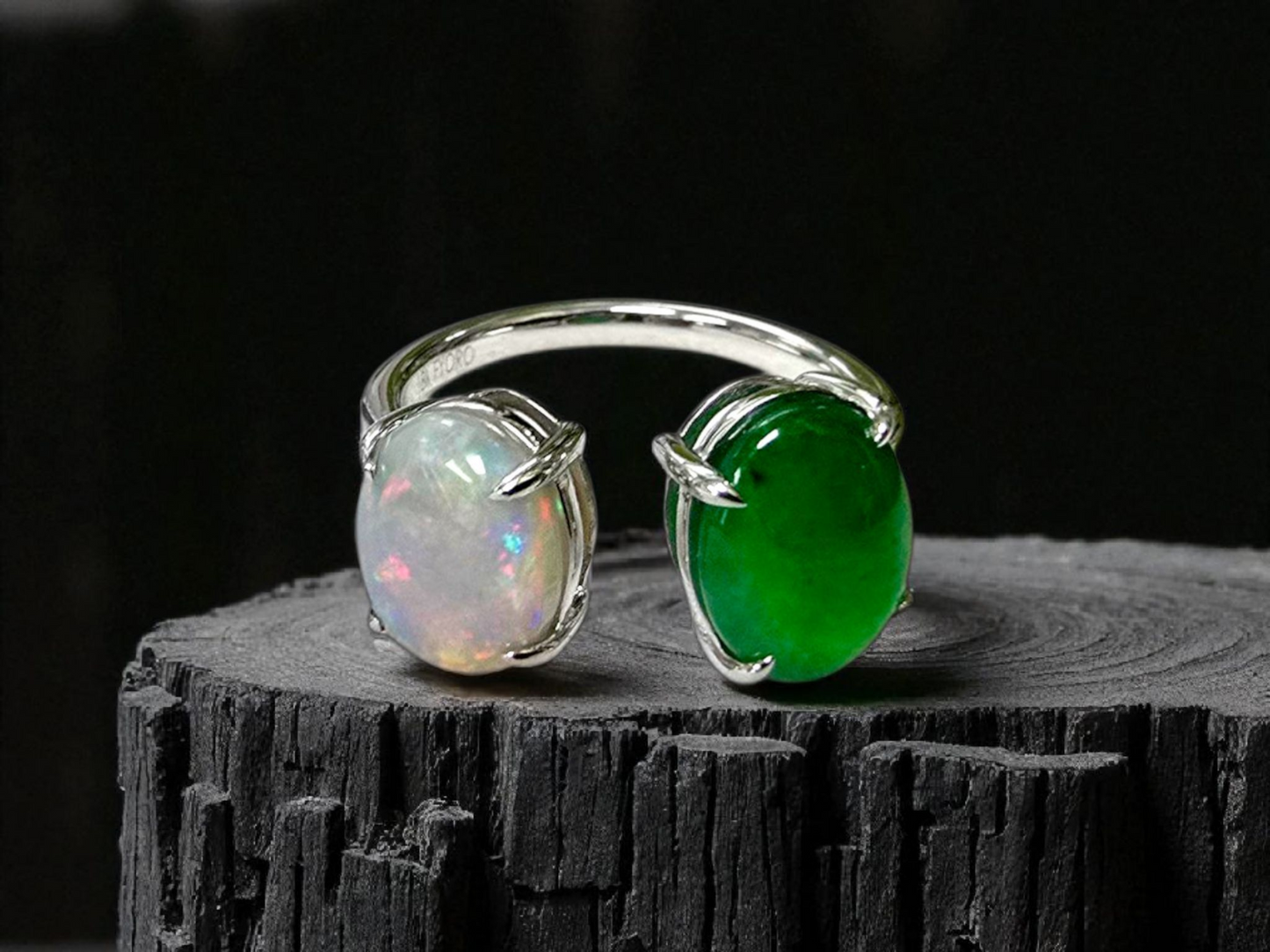 Opade Opulence Burmese A-Jadeite and Australian Opal Toi et Moi Ring Size US 6.5 with 18K White Gold - Certified V1