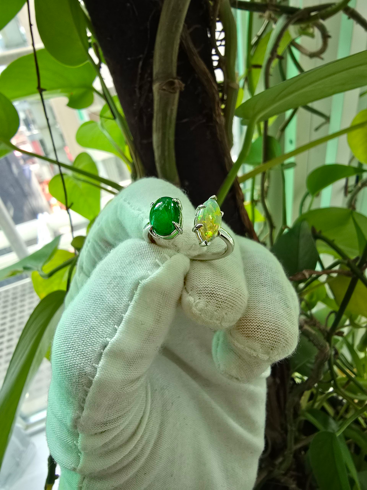 Opade Elegance Burmese A-Jadeite and Australian Opal Toi et Moi Ring Size US 8 with 14K White Gold - Certified V2