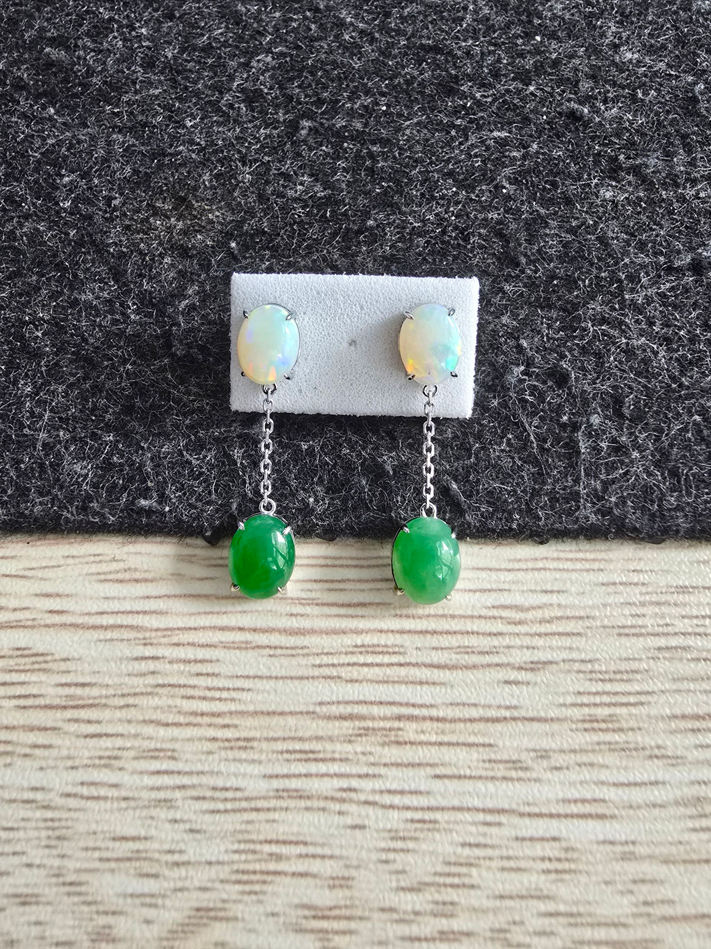 Opade Opulence Burmese A-Jadeite and Australian Opal Drop and Dangle Earrings with 18K White Gold - Certified V1