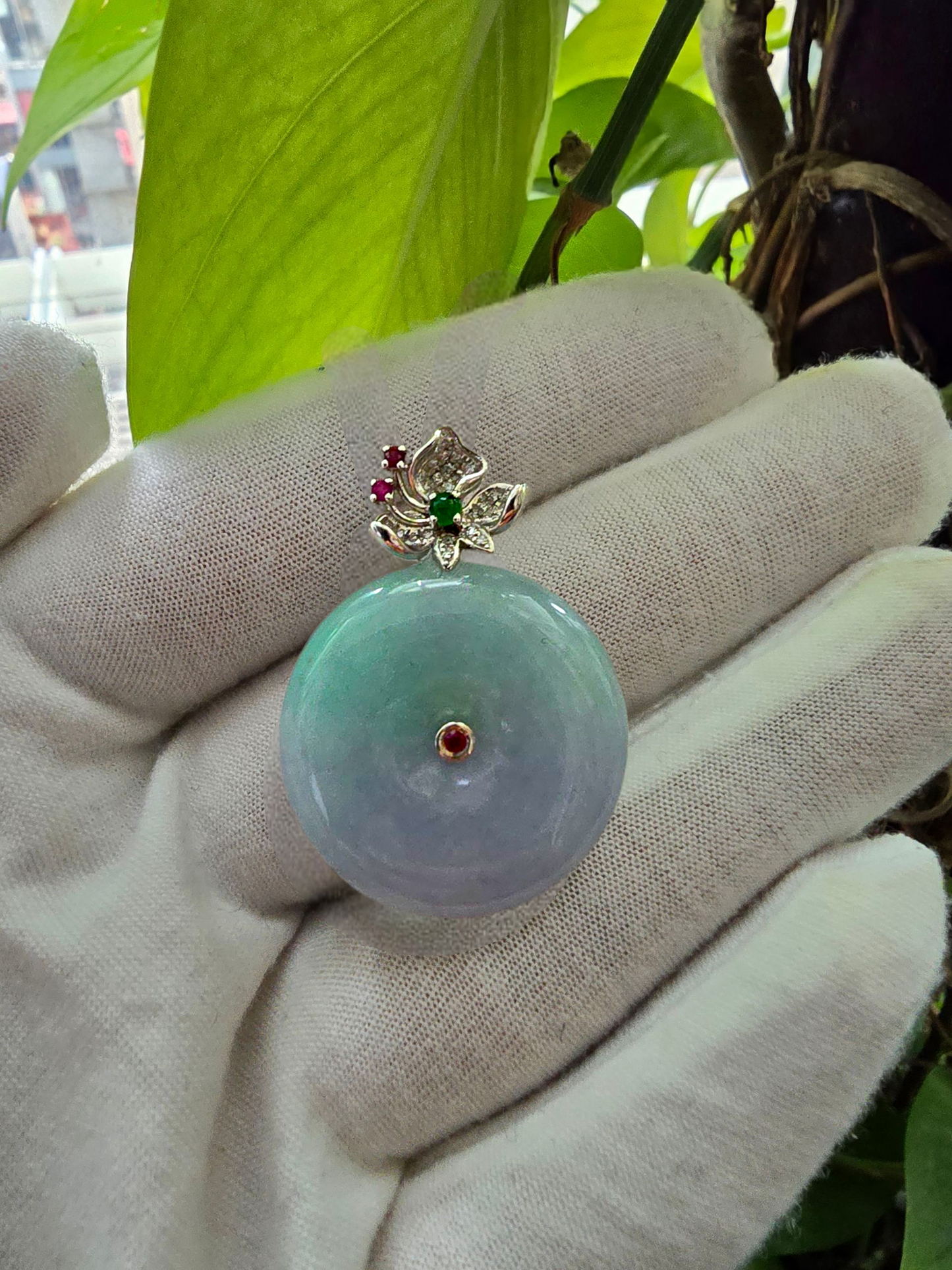 Jito Round Burmese A-Jadeite 24mm Icy Lavender and Green Donut Pendant (with 18K White Gold) - HKJSL Certified