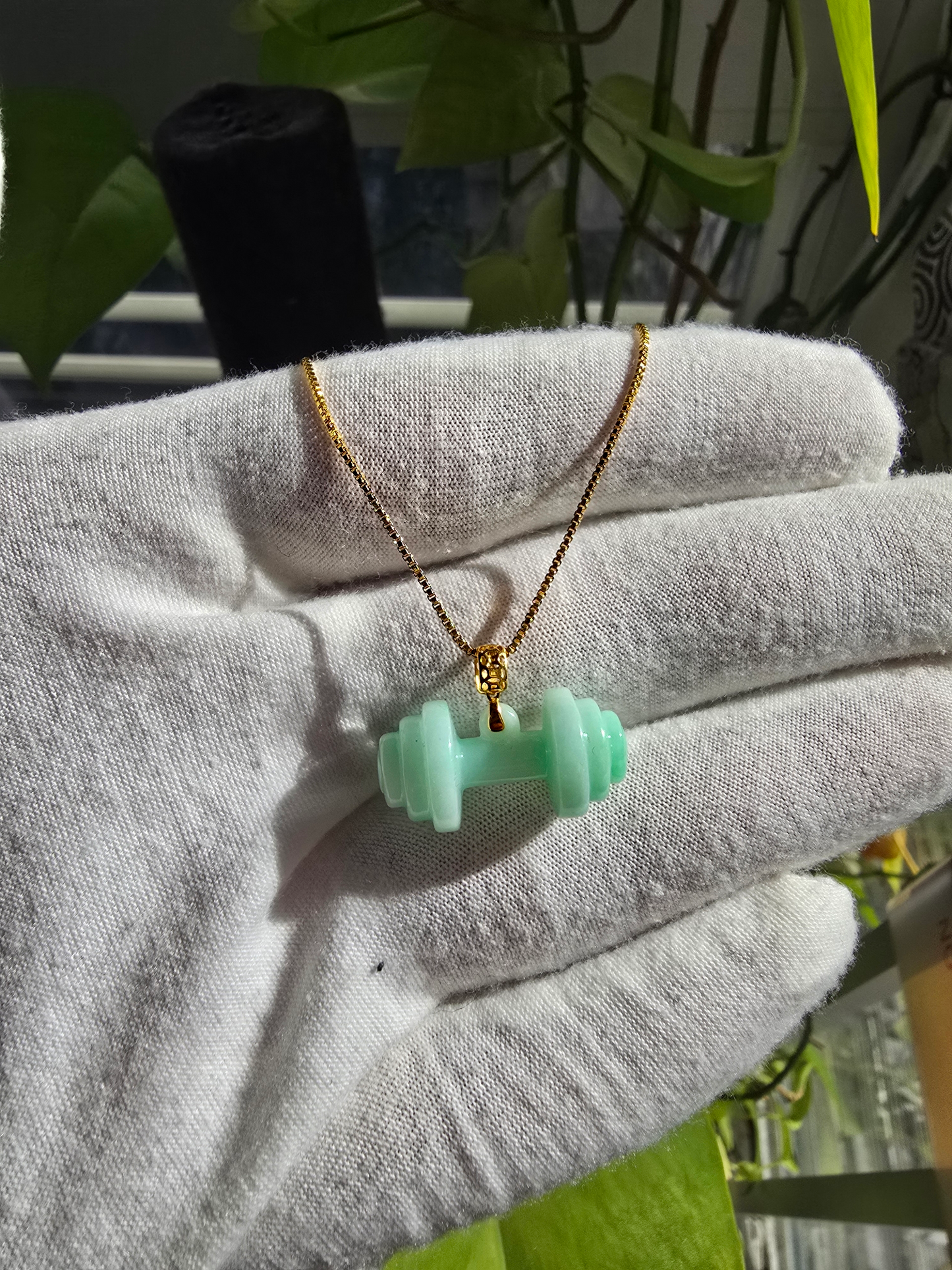 Chikara Gym Dumbbell Burmese A-Jadeite Charm Pendant (with 18K Yellow Gold)- Certified