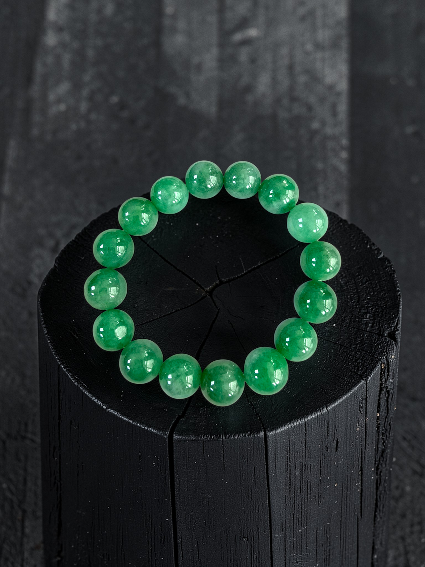 Certified Japanese Bright Green Burmese A-Jade Beaded Bracelet (MADE IN JAPAN) (12.50 - 13.00 mm Each x 16 beads) 05051