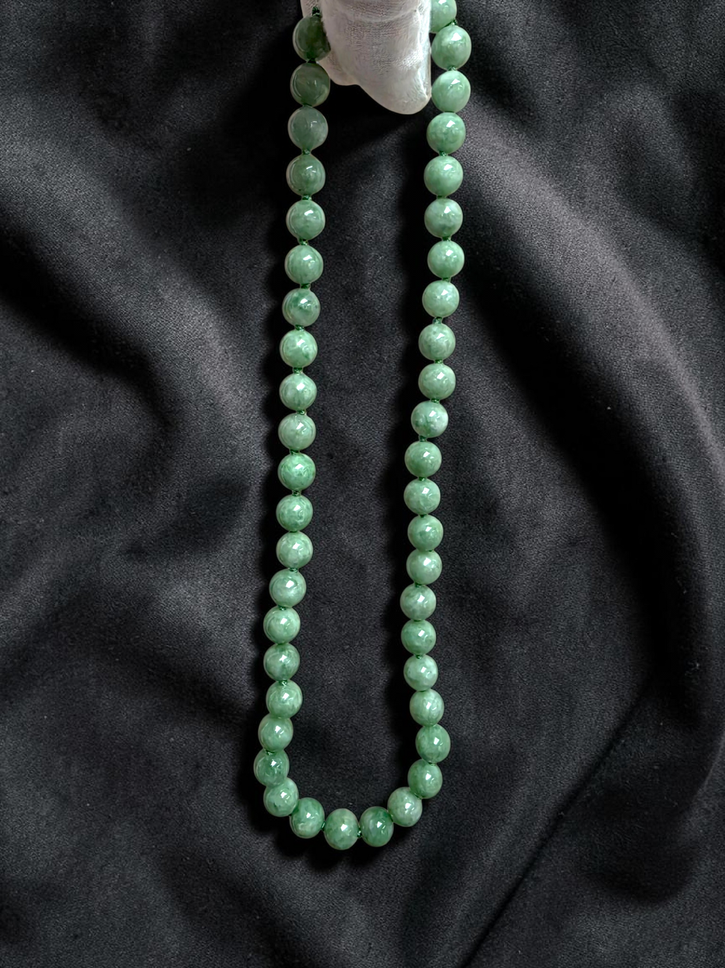 Winter Green Burmese A-Jade Beaded Long Necklace - 17.80 inches (9mm Each x 46 Beads) with Sterling Silver 925 - 10014