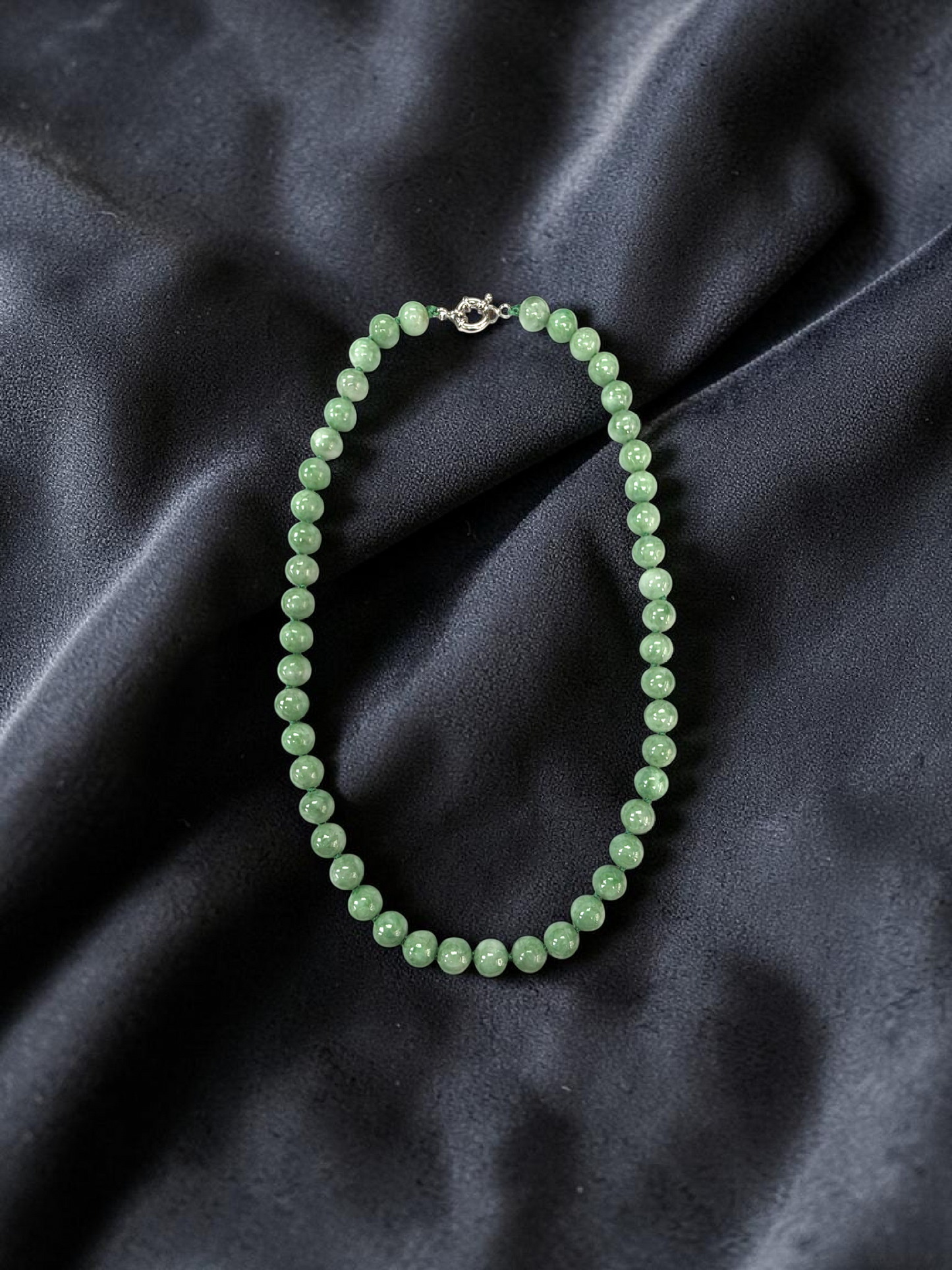 Winter Green Burmese A-Jade Beaded Long Necklace - 18.20 inches (9mm Each x 47 Beads) with Sterling Silver 925 - 10015