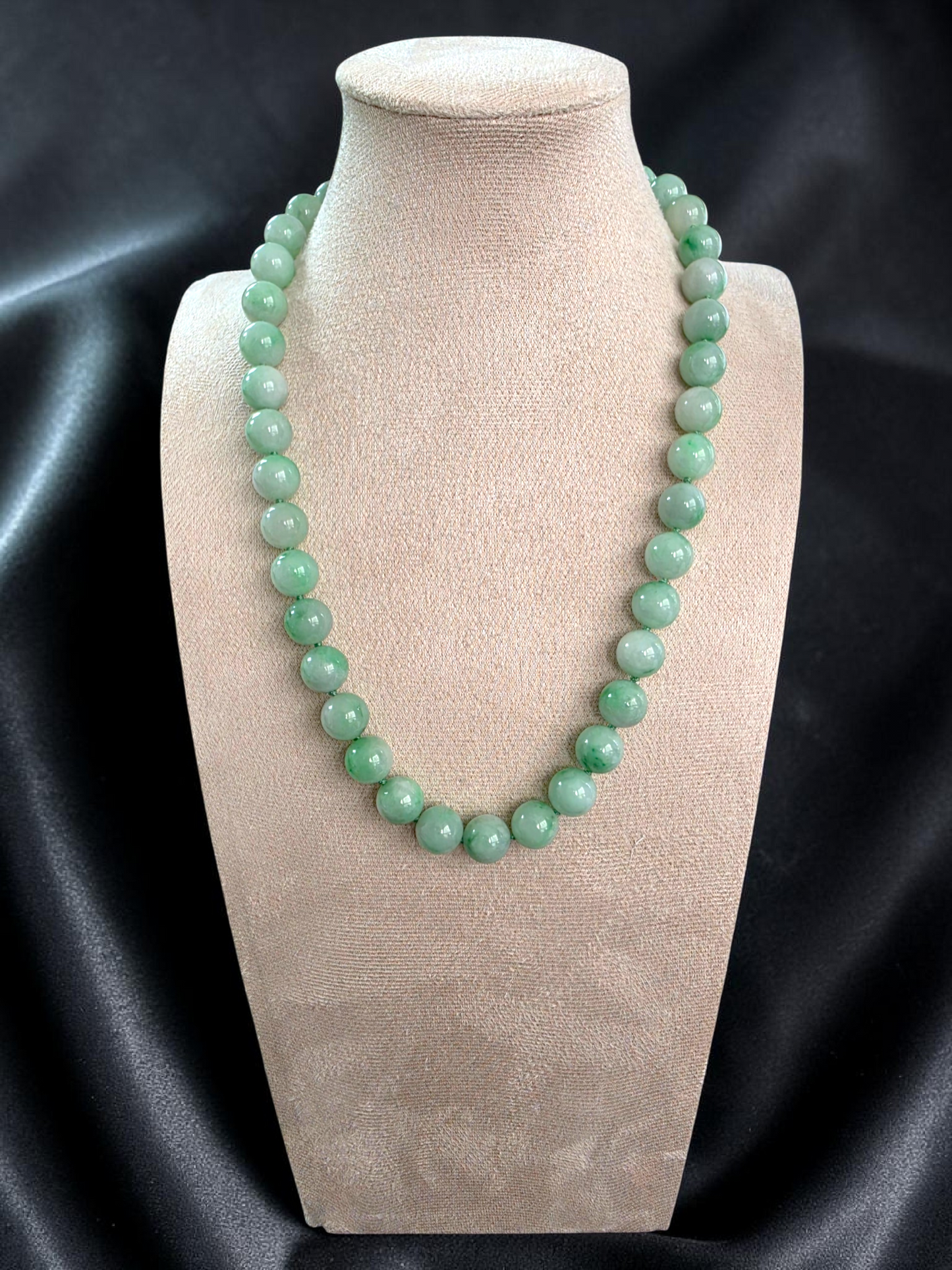 Winter Green Burmese A-Jade Beaded Long Necklace - 18.60 inches (10.50mm Each x 40 Beads) with Sterling Silver 925 - 10016