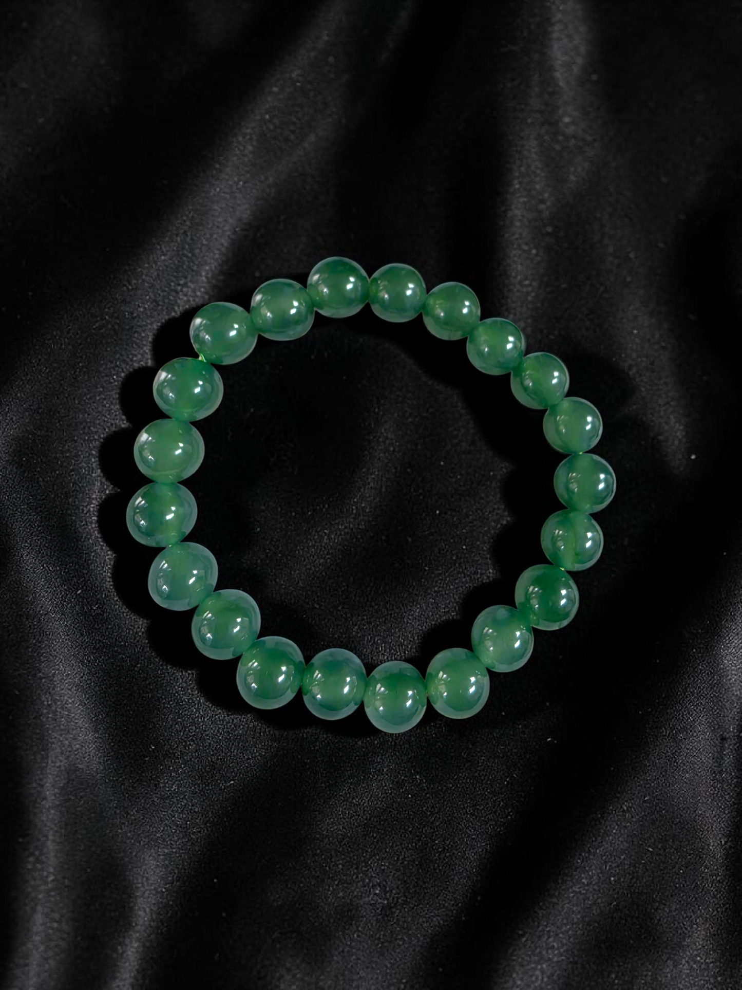 Certified Japanese Intense Icy Green Burmese A-Jade Beaded Bracelet (MADE IN JAPAN) (9.50 mm Each x 21 beads) 05059