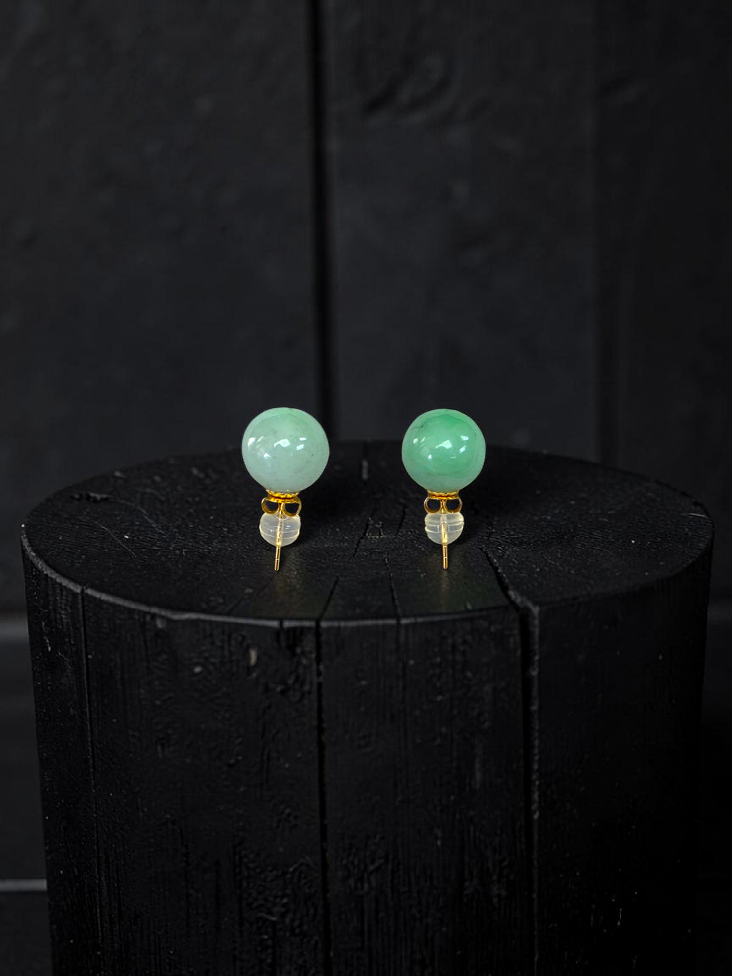 Beads of Eternity 10.50 mm Bright Green Burmese A-Jade Stud Earrings (with 18K Yellow Gold) - Certified - V4