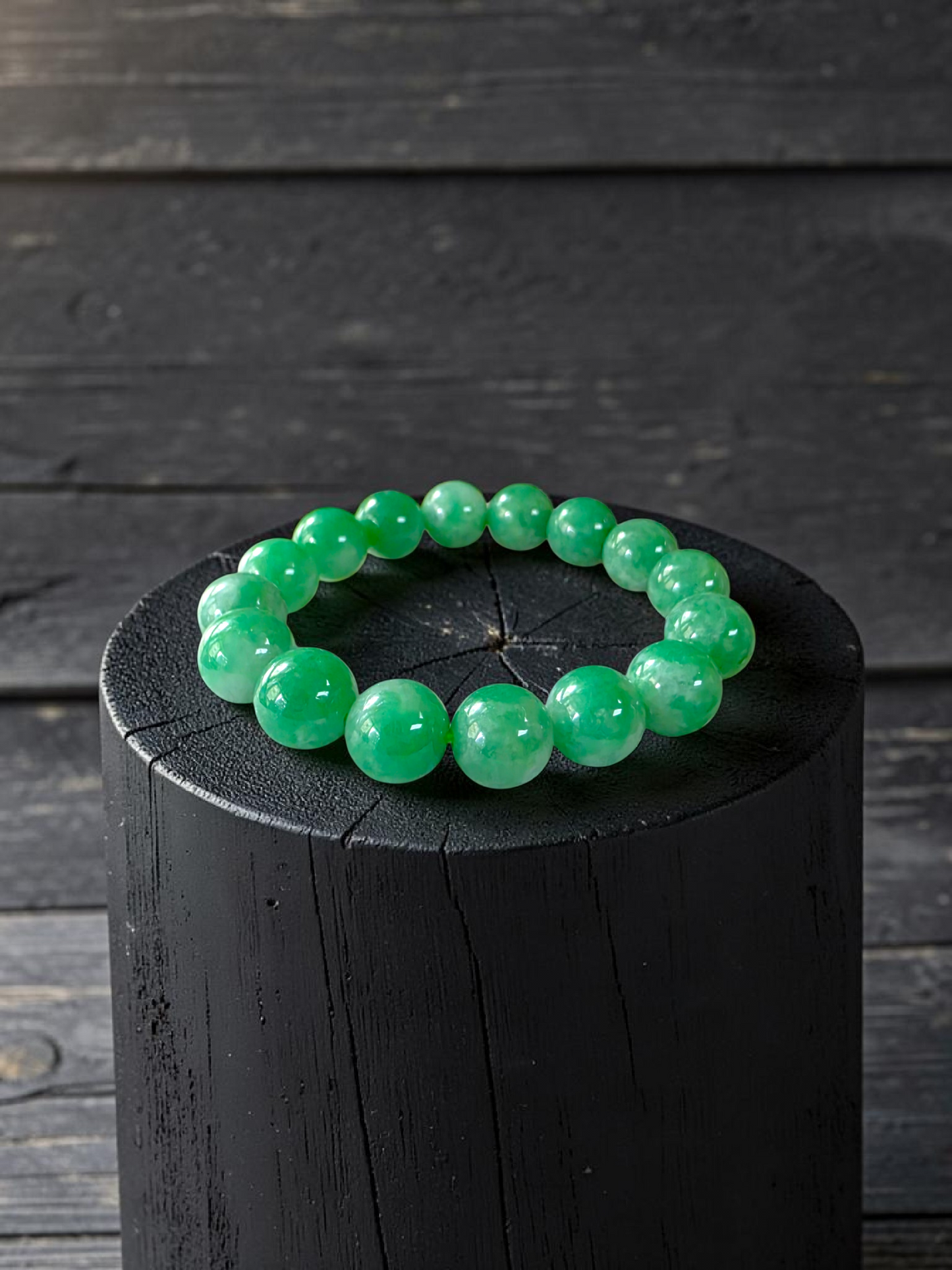 Certified Japanese Bright Green Burmese A-Jade Beaded Bracelet (MADE IN JAPAN) (12 mm Each x 16 beads) 05063