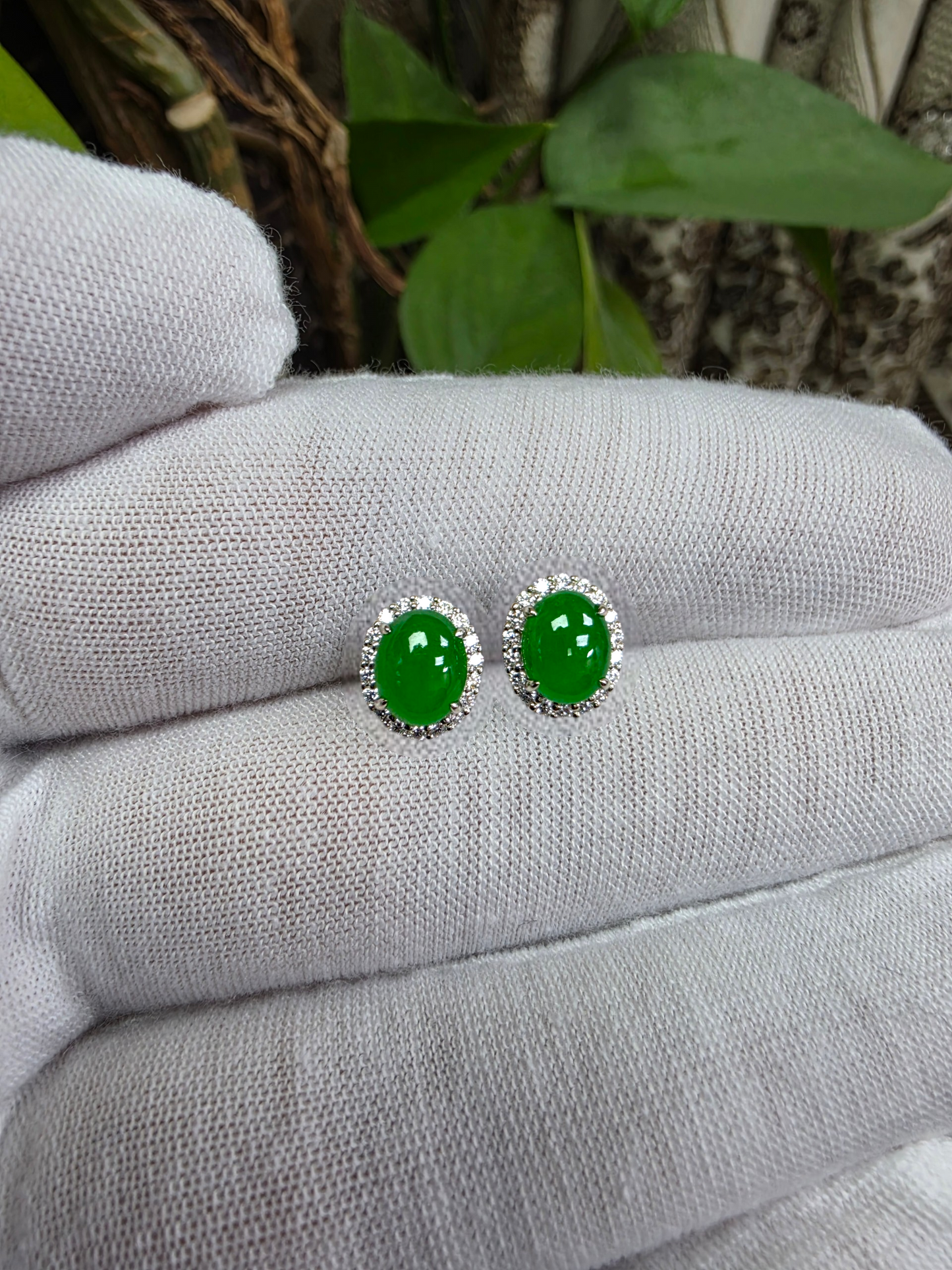 Eternal Sunshine Bright Imperial Green Burmese A-Jade Stud Earrings with Diamond Halo and 18K White Gold - Certified - V7