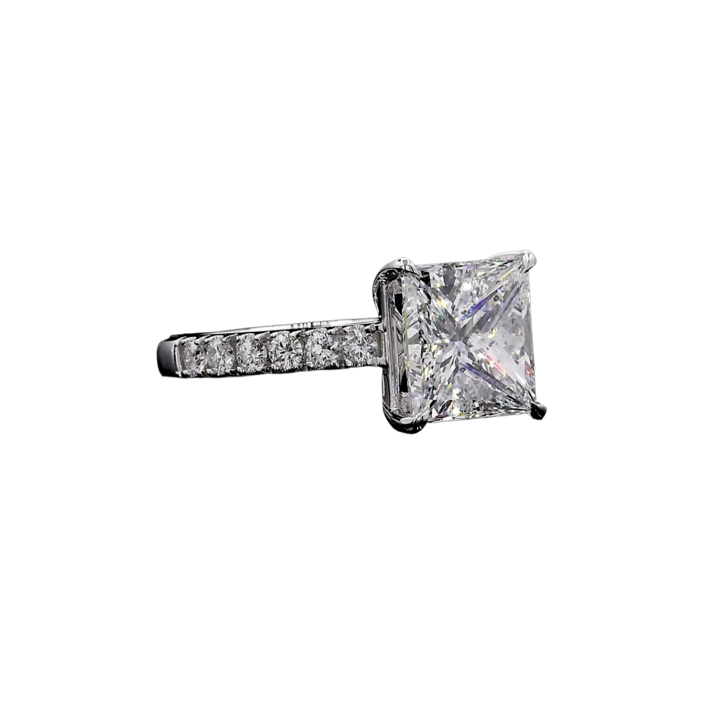 Ohime 4.01 cts. Natural Princess-Cut E i1 Diamond Cocktail Ring with Round White VVS Diamonds and 18K White Gold - GIA Certified-R10