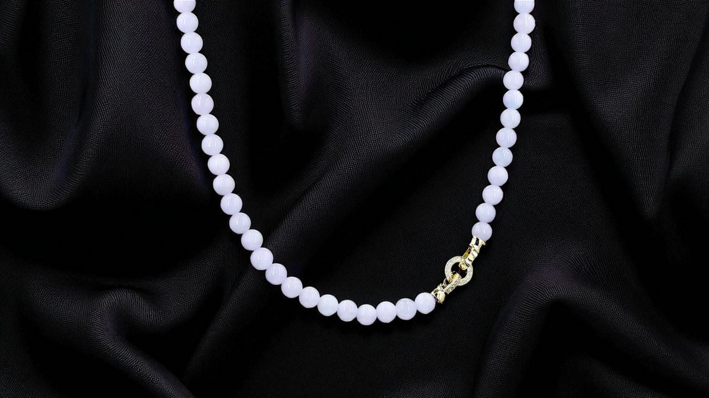 Imperial Burmese White and Lavender Certified A-Jade Beaded Necklace - 18.58 inches (7.00 mm Beads) with Sterling Silver 925 - 10009