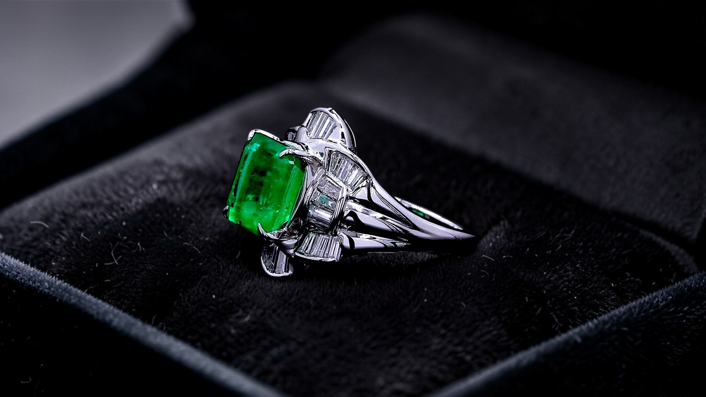 Nishio MADE IN JAPAN Certified 3.51 cts. Muzo Vivid Green Columbian Emerald Ring with Platinum 900 and White Diamonds Size US6 - R16