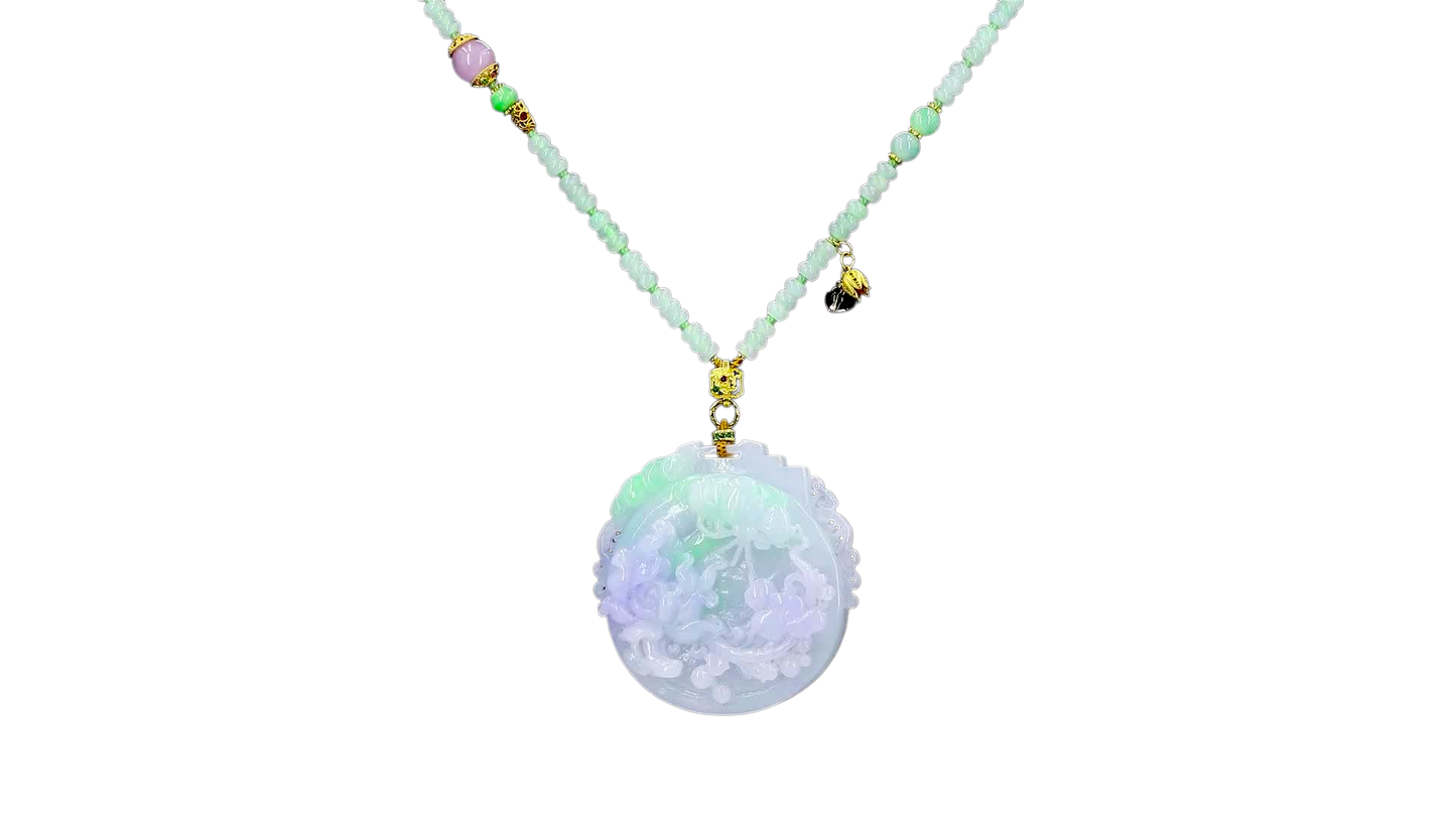 Kenrokuen Garden Lavender and Green Burmese A Jade Necklace and Detachable Pendant with Silver 925 - HKJSL Certified