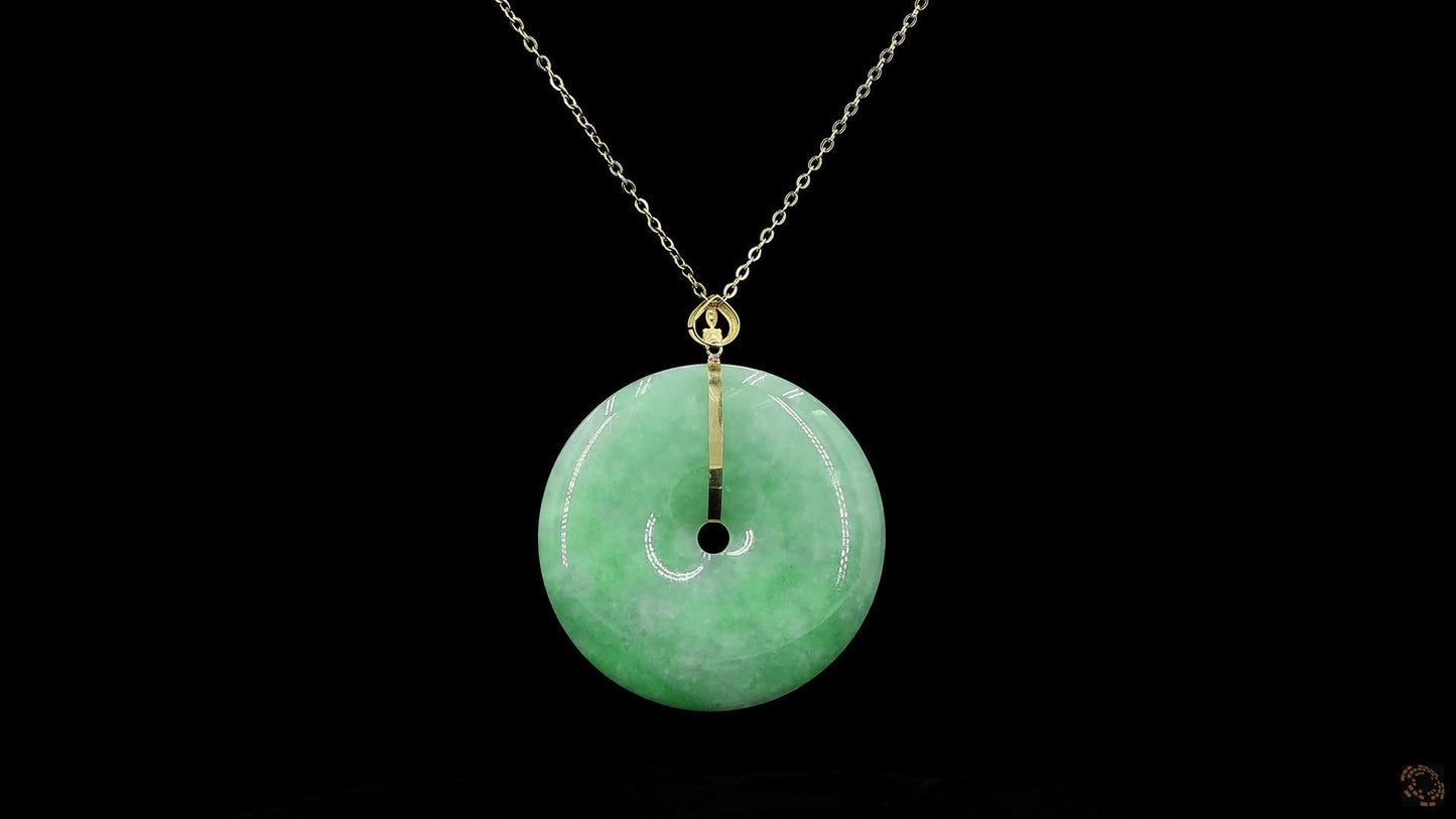 Cheung's Round Donut Burmese A-Jade 40mm Pendant with 18K Yellow Gold - Certified