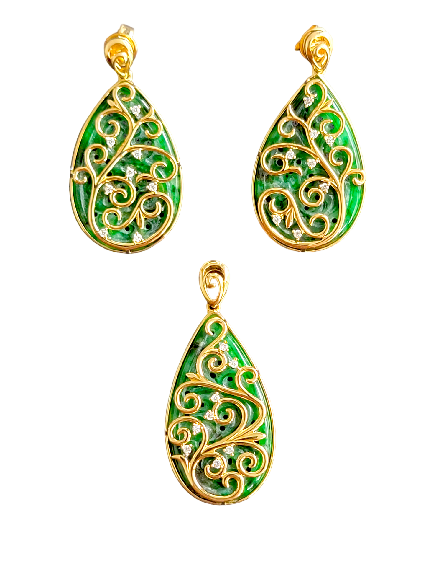 Gardens of Babylon Earrings Certified (with Hand Carved Burmese A-Jadeite, 18K Yellow Gold, and White Diamonds)