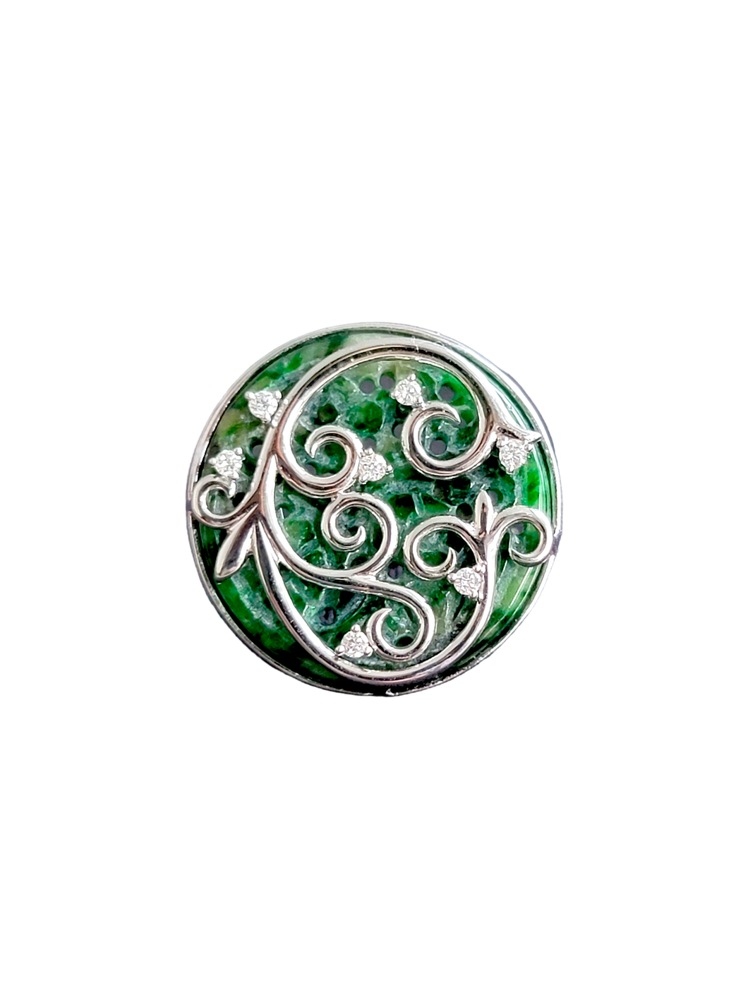 Gardens of Versailles Brooch (with Hand Carved Burmese A-Jadeite, 18K White Gold, and White Diamonds)