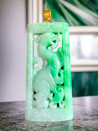 Enchanted Dragon Imperial Burmese A-Jade Jadeite Pendant (with 18K Yellow Gold)