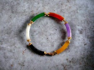 Fu Fuku Fortune Eclectic Jade Onyx MOP Tube Bracelet (with 14K Yellow Gold)