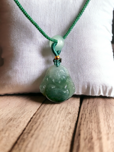 Sapporo Burmese A-Jadeite Laughing Buddha Pendant Necklace with FYORO String