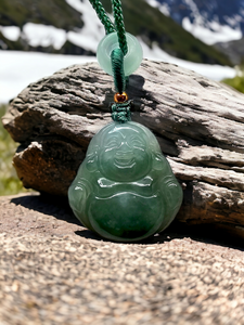 Sapporo Burmese A-Jadeite Laughing Buddha Pendant Necklace with FYORO String