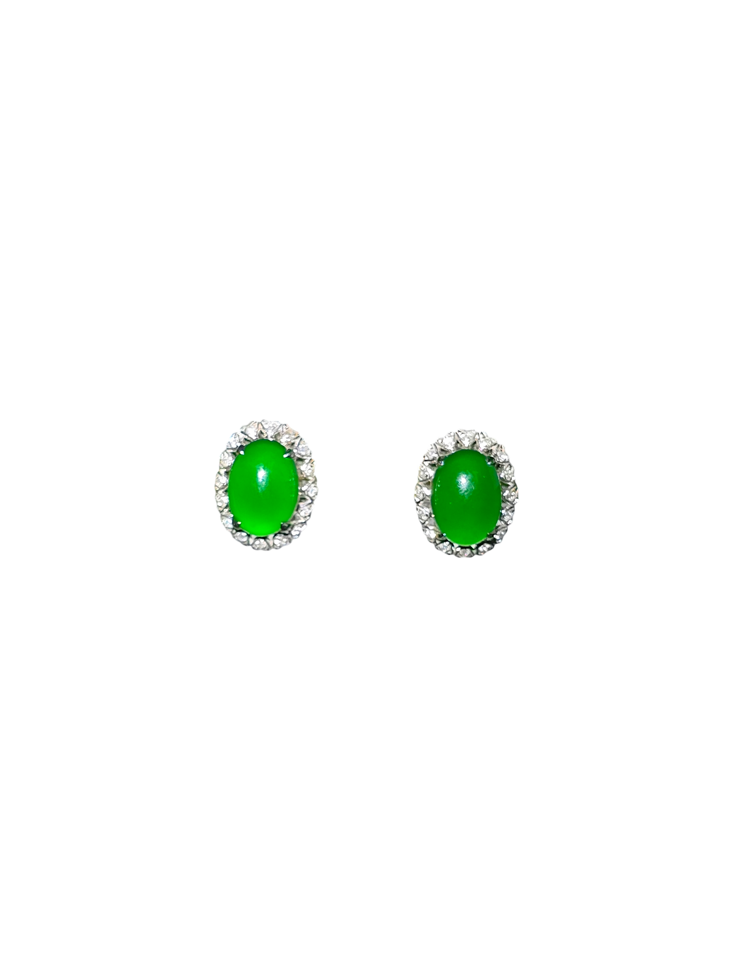 Eternal Sunshine Imperial Green Burmese A-Jade Stud Earrings with Diamond Halo and 18K White Gold - Certified