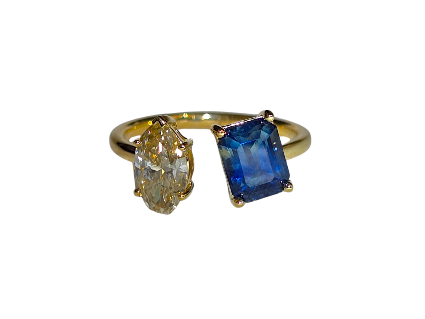 Parisian Toi et Moi Natural Blue Octagon Sapphire and Natural Brown Marquise Diamond Ring with 18K Yellow Gold - R5