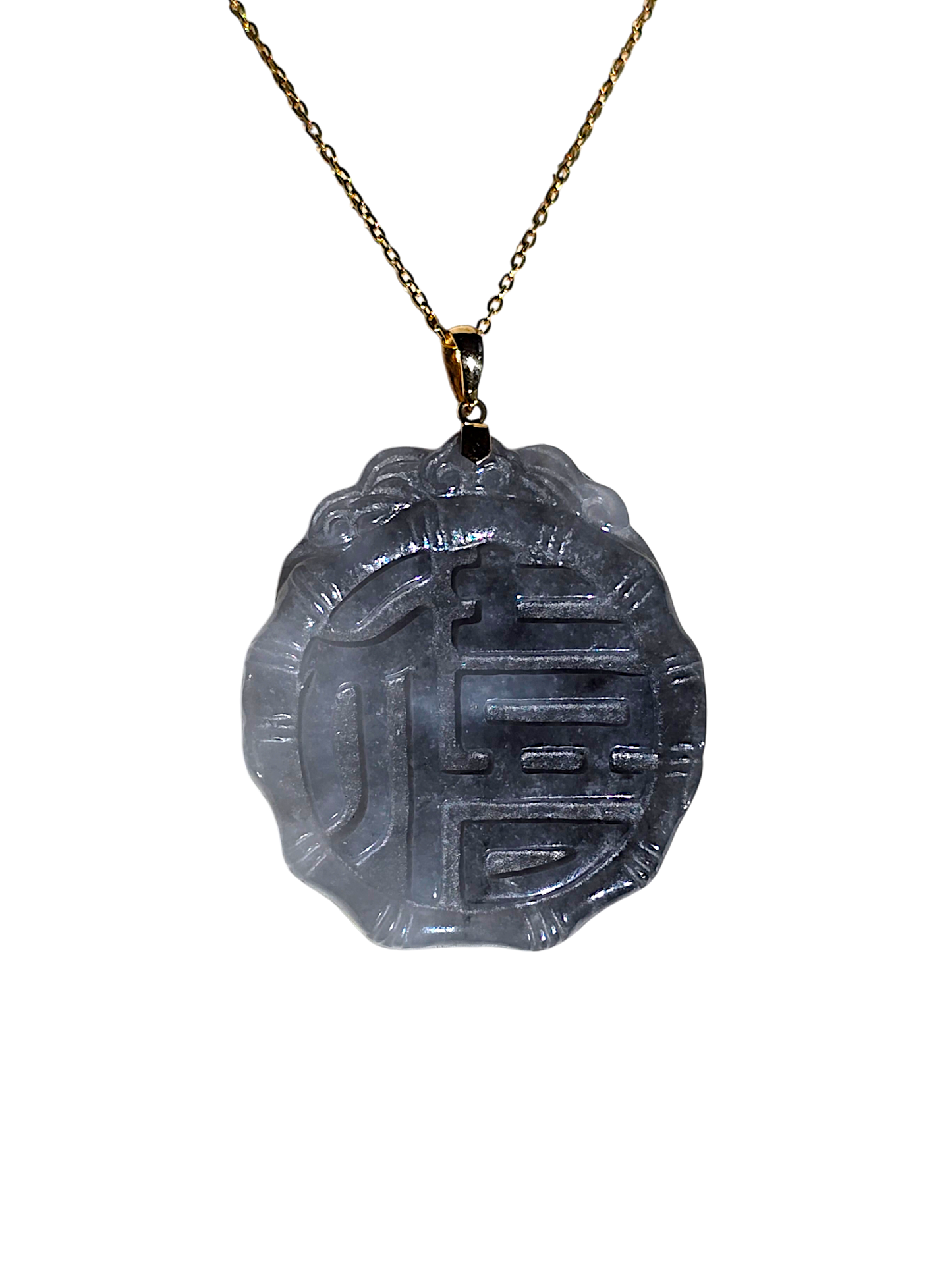 Happiness of Bamboo Charcoal Burmese A Jade Pendant (with 14K Yellow Gold)