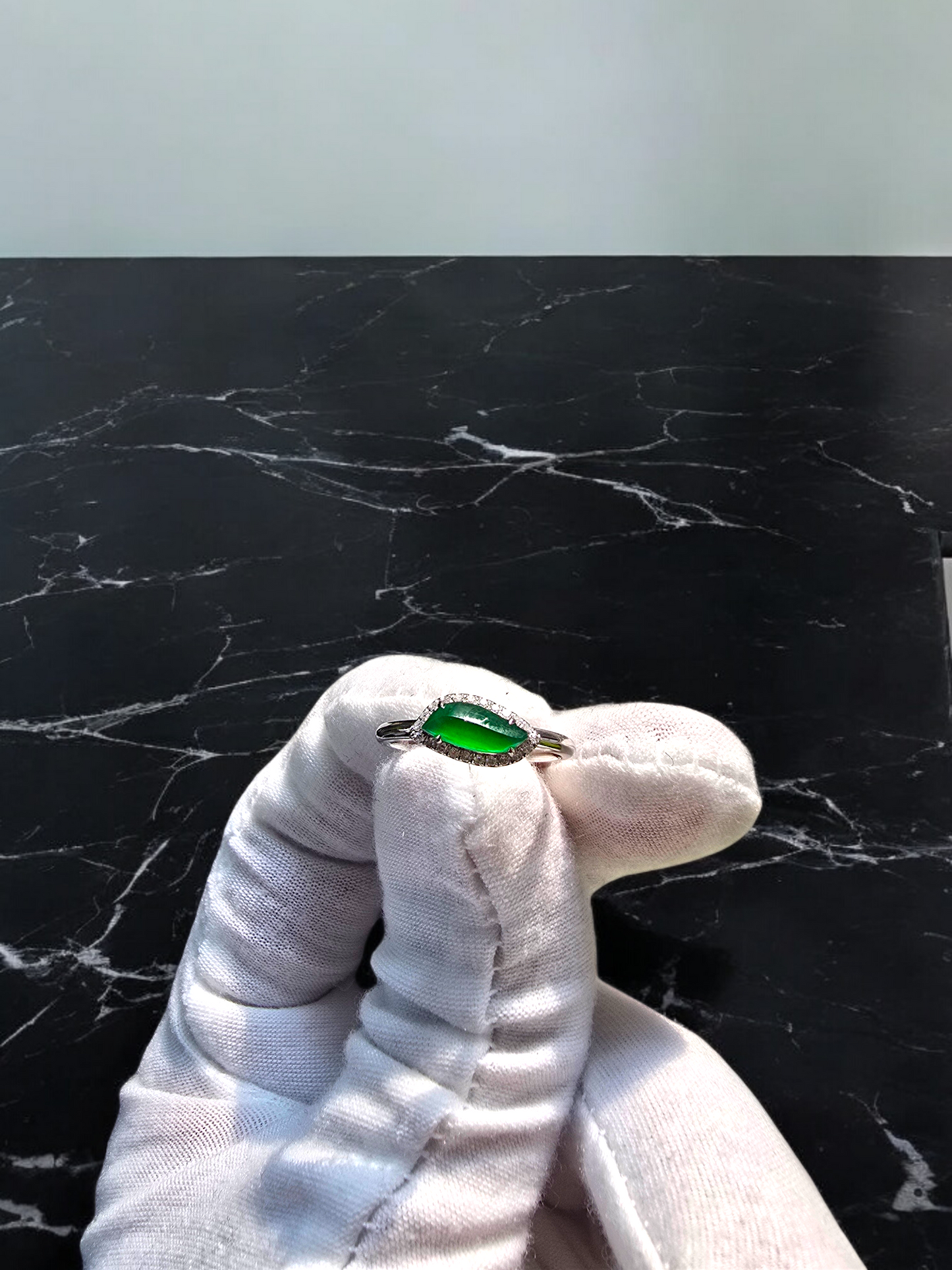 Flow Leaf Burmese A Jade Ring, with White Diamonds, and 18K White Gold - HKJSL Certified