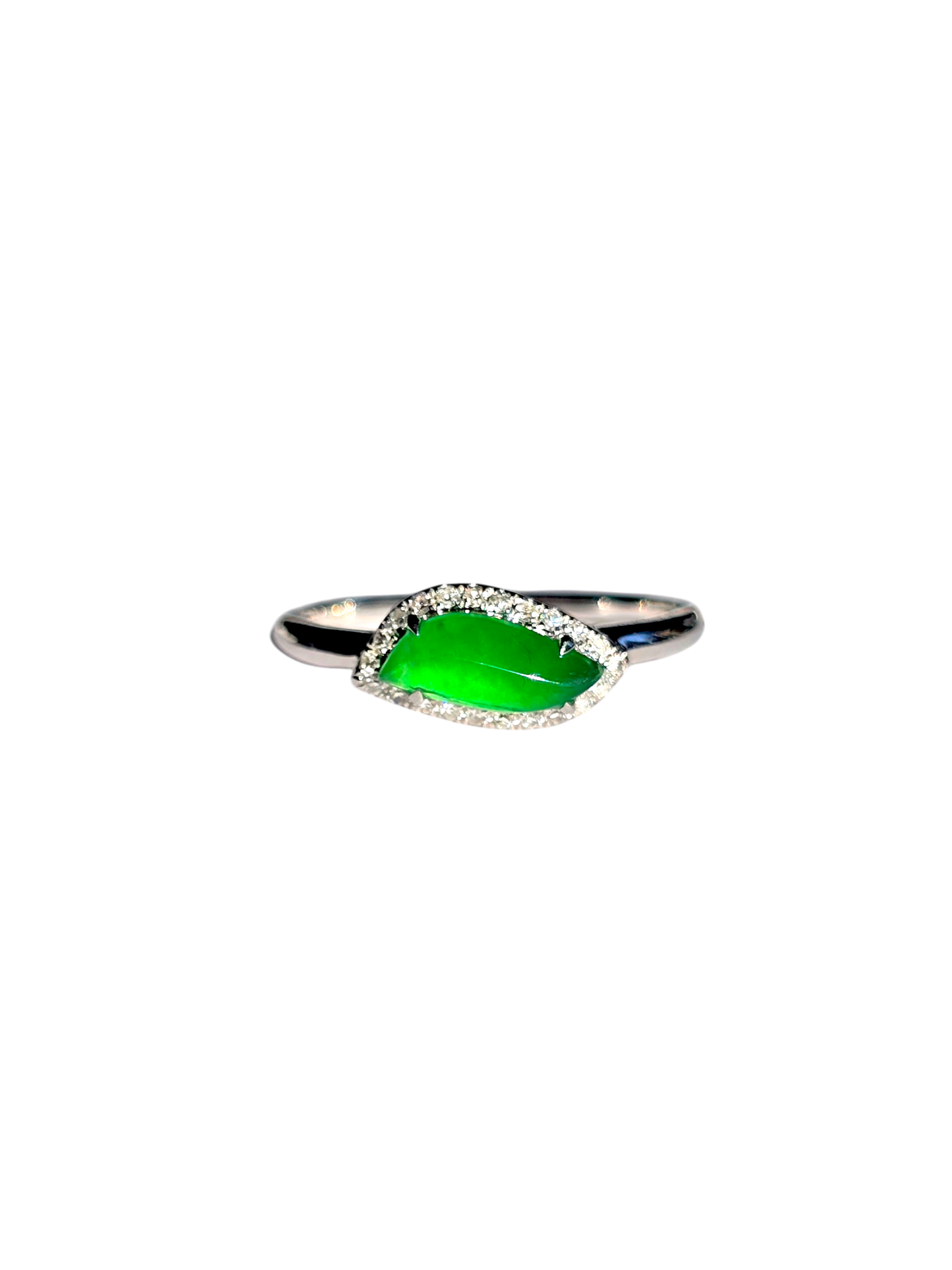 Flow Leaf Burmese A Jade Ring, with White Diamonds, and 18K White Gold - HKJSL Certified