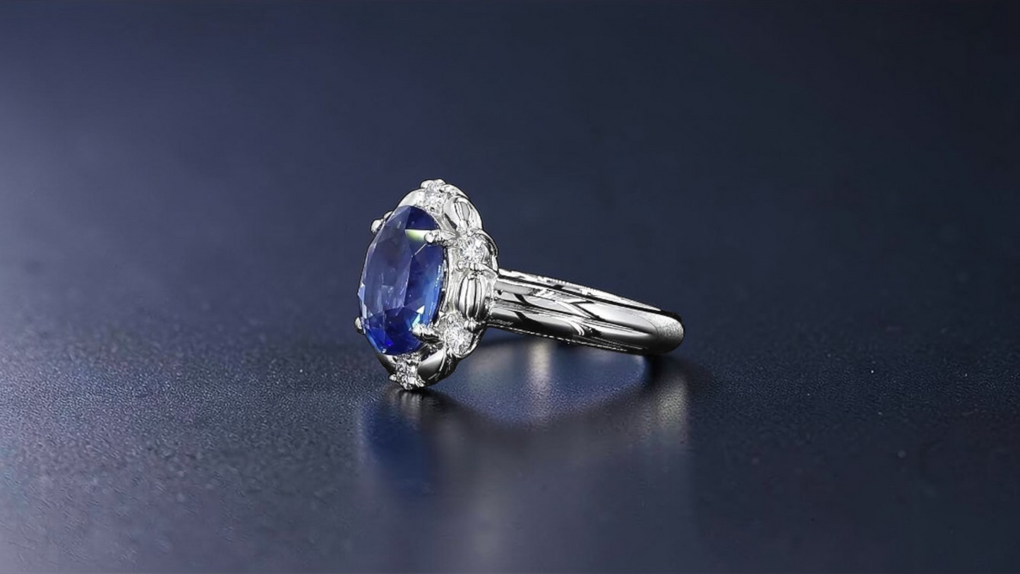Toyohashi MADE IN JAPAN Certified Oval Shaped 3.17 cts. Cornflower Blue Sapphire Ring with Platinum 900 and White Diamonds Size US5 - R10