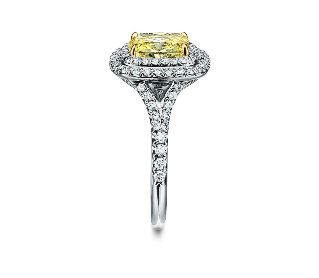 Kami Double Halo Ring with Natural Fancy Yellow Diamond (1.54cts) and White VVS Diamonds Halo and 18K White Gold - GIA Certified