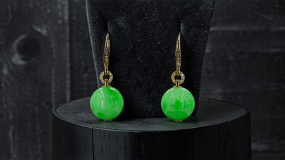 Komaki 10.50 mm Dangling Beads Vivid Green Burmese A-Jade French Hook Earrings (with 18K Yellow Gold and White Diamonds) - Certified