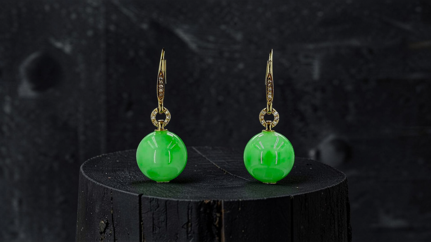 Komaki 10.50 mm Dangling Beads Vivid Green Burmese A-Jade French Hook Earrings (with 18K Yellow Gold and White Diamonds) - Certified