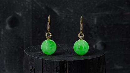 Komaki 10.50 mm Dangling Beads Vivid Green Burmese A-Jade French Hook Earrings (with 18K Yellow Gold and White Diamonds) - Certified