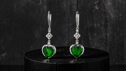 Tokai Dangling Hearts Intense Imperial Green Burmese A-Jade French Hook Earrings (with 18K White Gold and White Diamonds) - Certified