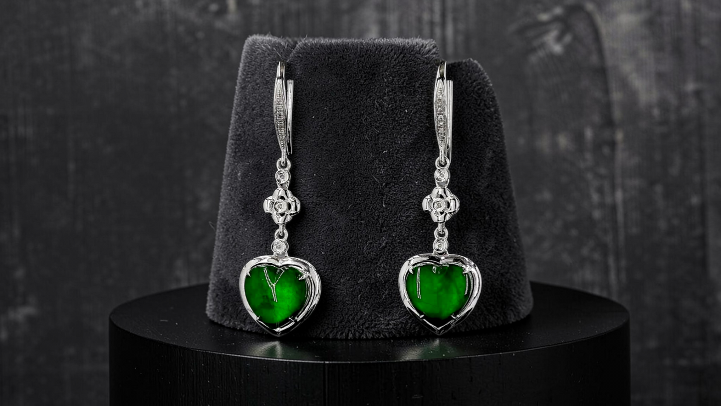 Tokai Dangling Hearts Intense Imperial Green Burmese A-Jade French Hook Earrings (with 18K White Gold and White Diamonds) - Certified