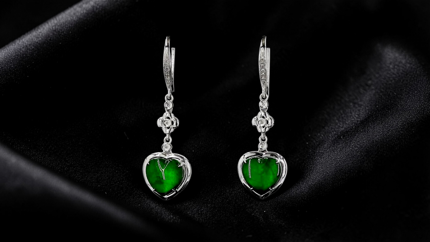 Tokai Dangling Hearts Intense Imperial Green Burmese A-Jade French Hook Earrings (with 18K White Gold and White Diamonds) - Certified