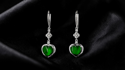 Tokai Dangling Hearts Intense Imperial Green Burmese A-Jade French Hook Earrings (with 18K White Gold and White Diamonds) - Certified