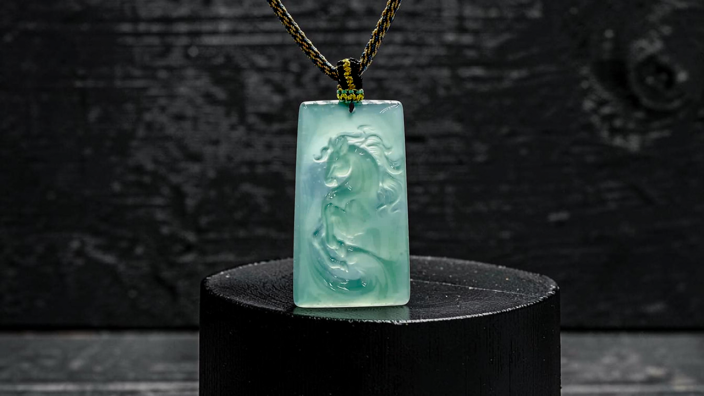 Iwakura Carved Horse Icy Blue Green Burmese A-Jadeite Pendant - Certified