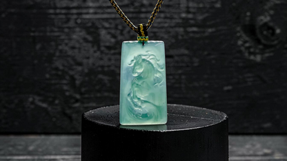 Iwakura Carved Horse Icy Blue Green Burmese A-Jadeite Pendant - Certified
