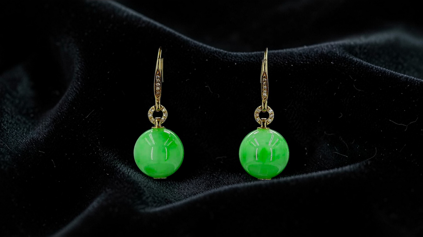 Komaki 10.50 mm Dangling Beads Vivid Green Burmese A-Jade French Hook Earrings (with 18K Yellow Gold and White Diamonds) - Certified
