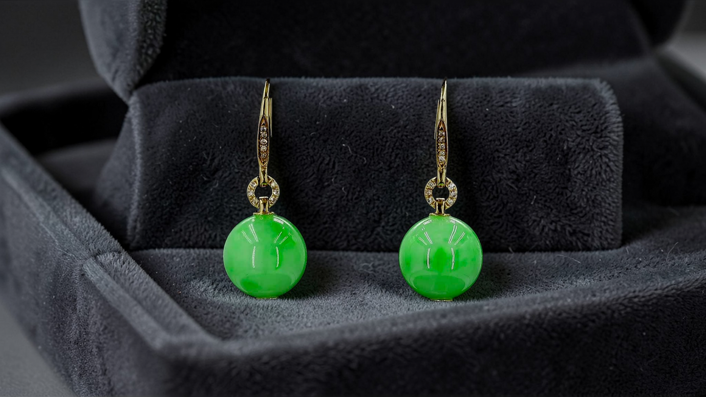 Komaki 10.50 mm Dangling Beads Vivid Green Burmese A-Jade French Hook Earrings (with 18K Yellow Gold and White Diamonds) - Certified