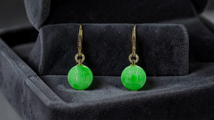 Komaki 10.50 mm Dangling Beads Vivid Green Burmese A-Jade French Hook Earrings (with 18K Yellow Gold and White Diamonds) - Certified